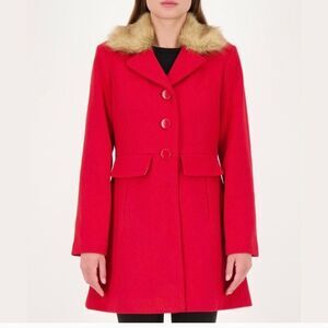 Kate Spade New York Walker Coat women's size XS red faux fur collar‎ pea coat